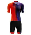 Bright Red through Orange through Purple Cycle Jersey with black cycle bib shorts and matching cuffs | Cycling Gear