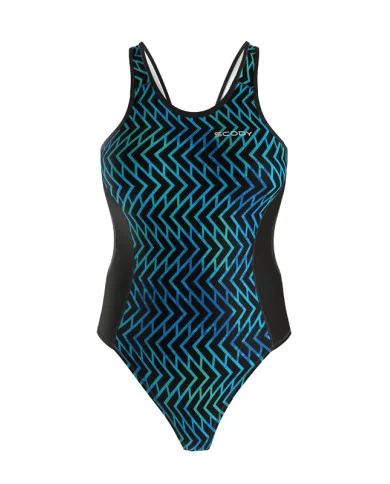 A hydrophobic Triathlon Swimsuit with a blue geometric graphic | Triathlon Gear