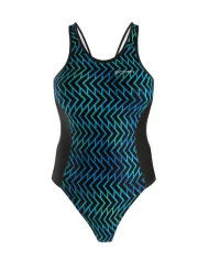 A hydrophobic Triathlon Swimsuit with a blue geometric graphic | Triathlon Gear