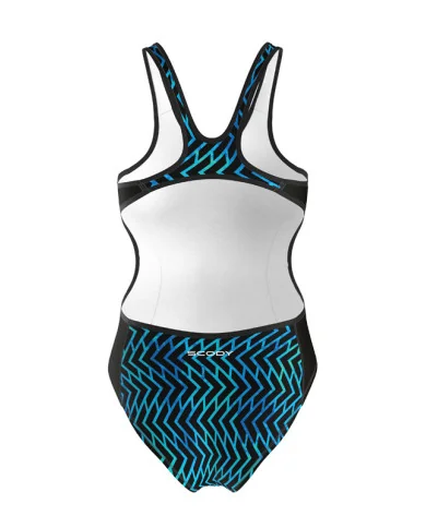A hydrophobic Triathlon Swimsuit with a blue geometric graphic | Triathlon Gear