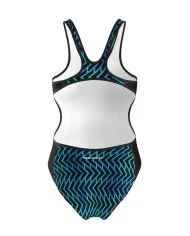 A hydrophobic Triathlon Swimsuit with a blue geometric graphic | Triathlon Gear