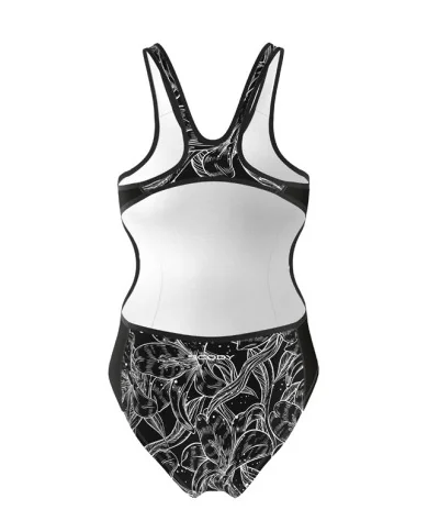 A hydrophobic Triathlon Swimsuit with a black and white floral graphic | Triathlon Gear