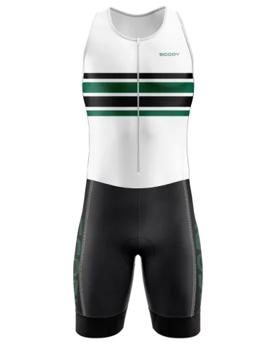 White sleeveless triathlon suit w front zip for sale at Scody Australia. Flexible payment options| Triathlon Suits